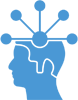 A blue icon of a head with an arrow in the middle.